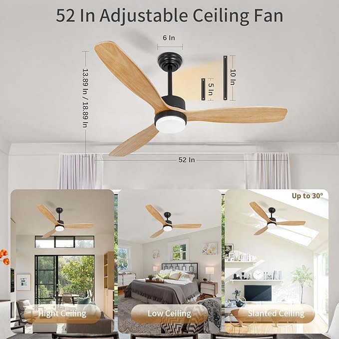 52inches Ceiling Fan with Lights,Wood Downrod Ceiling Fans with Remote Control,Dimmable Light,3 CCT,6 Speeds,Noiseless DC Motor,2 rods,Ceiling Fan for Bedroom,Living Room,Office,Indoor