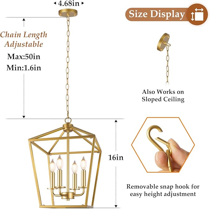 Farmhouse Chandelier 4-Light, Gold Pendant Light Fixture for Kitchen Island Dining Room, Lantern Industrial Lighting Ceiling Hanging with Metal Cage Adjustable Height for Entryway Foyer