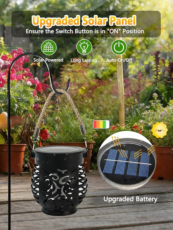 1 Pack Solar Lights Outdoor Waterproof, Solar Lantern with Realistic Flickering Flame, Auto On/Off Solar Powered Garden Light with Hemp Rope Handle for Outside Tree Patio Porch Tabletop Decorations