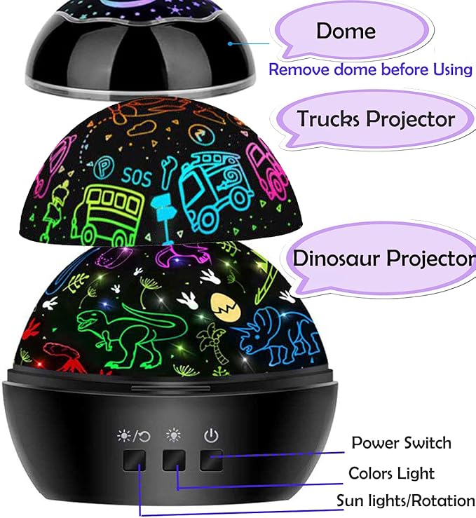 MINGKIDS Night Light for Kids,2 in 1 Rotating Projector Lamp with Dino&Vehicles Theme,2 Ways to Charge,Baby Night Light Ceiling Projector for Bedroom Kids Room Decor