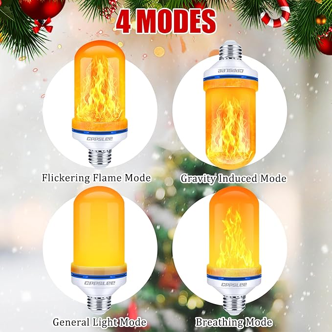 CPPSLEE Upgraded LED Flame Light Bulbs, 4 Modes Flickering Light Bulbs, E26 Base Fire Flame Bulb for Halloween Decorations Outdoor, Christmas Lights Patio Indoor Home Decor (Yellow, 4 Pack)