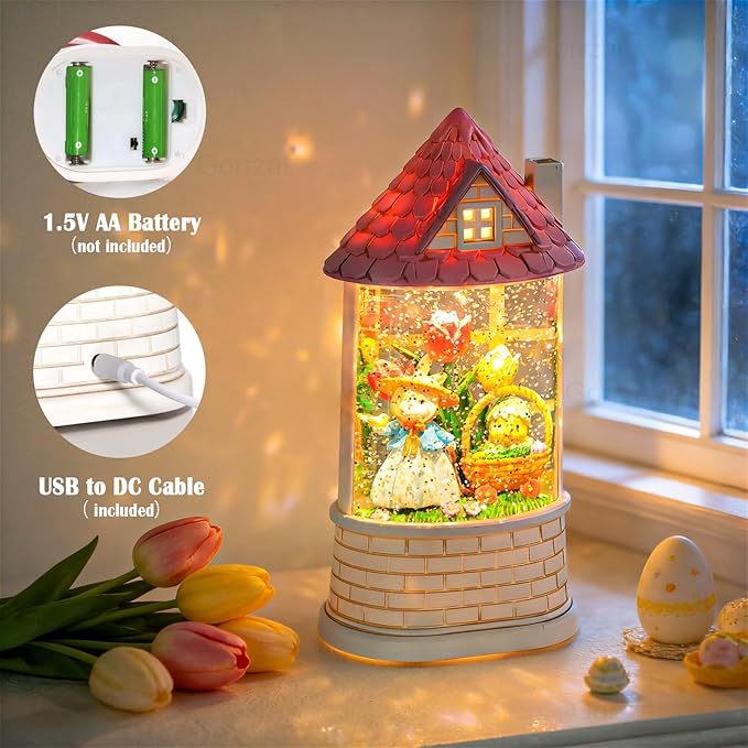Easter Snow Globe Lantern Bunny Easter Decorations for Home with Timer Swirling Glitter, Lighted Indoor Decor Gifts with Basket Eggs Chicken, USB or Battery Operated