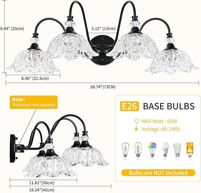 4-Light Matte Black Bathroom Vanity Light, Farmhouse Vanity Light with Floral Clear Glass Shades, Vintage Wall Mount Lighting for Bathroom