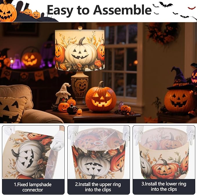 Pumpkin Lamp Shades Set of 2 for Halloween Decorations, Linen Printed Fall Decor Lamp Shade, Halloween Decor Lampshade, Lamp Shades for Floor Lamps/Table Lamp, 13’’ Lampshades Fits Spider/UNO