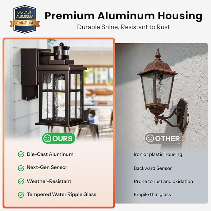 Gleamz Motion Sensor Outdoor Sconce Lights with GFCI Outlet, Farmhouse Oil Rubbed Bronze Gold Trim Dusk to Dawn Exterior Lighting Fixtures Wall Mount for House, Anti-Rust Front Porch Light for Garage