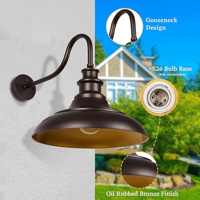 Exterior Farmhouse Gooseneck Barn Light, 2PCS Dusk to Dawn Outdoor Lighting, 16 Inch Vintage Outside Garage Lights Fixtures for Patio Frontdoor Entryway Doorway