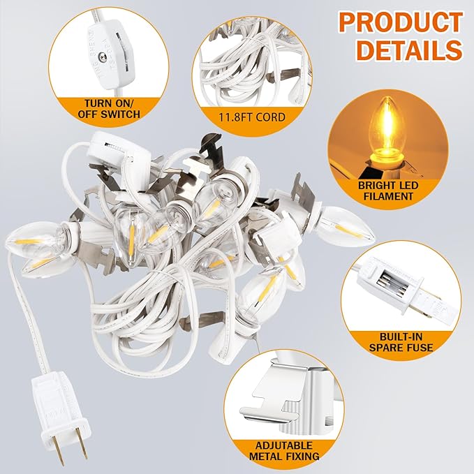 Christmas Village Lights, C7 Blow Molded Light Cord with 9 LED Bulb.11.8Feet Suitable for Christmas Village Houses, Halloween Holiday，Holiday Lighting - Warm Light