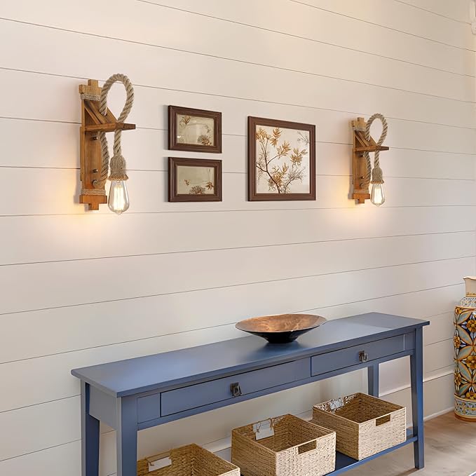 SEEBLEN Wall Sconces Set of Two Farmhouse Wooden Wall Sconce with Natural Hemp Rope,Boho Wall Lamps for Bedroom Beside Living Room Fireplace.