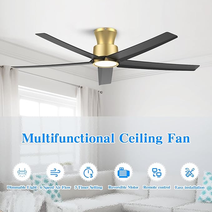 ocioc 52 inch Ceiling Fans with Lights, Large Air Volume Ceiling Fans with Reversible Quiet DC Motor and Remote（Black-Gold）