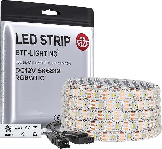BTF-LIGHTING SK6812(Similar WS2812B) UL Listed RGBW RGB+Warm White(3000K) Individually Addressable DC12V 16.4FT 60LED/m 4 Colors in 1 Light Dream LED Strip IP65 White PCB(No Adapter or Controller)