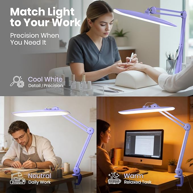 Neatfi XL LED Desk Lamp with Clamp, 2200 Lumens, 20W, 20-Inch Wide Head, Dimmable 4 Brightness Levels, 3 Color Modes 3000K–6000K, Task Light for Home Office, Crafts, Workbench (CCT, Lavender)