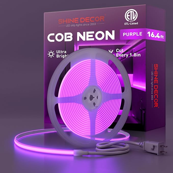 Shine Decor COB LED Rope Light AC 120V, 800lm Ultra Bright, IP65 Waterproof Cold-Resistant ETL Neon Strip, No Driver Tape Lighting for Home Commercial 10x4.5mm, Purple, 16.4ft