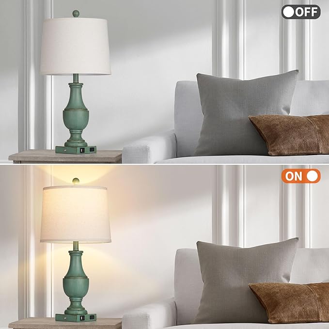 Farmhouse Table Lamps for Living Room, Rustic Touch Control Bedside Lamps with USB A+C Charging Ports & AC Outlet, Vintage 3-Way Dimmable Traditional Classic Nightstand Lamp for Bedroom Office Green
