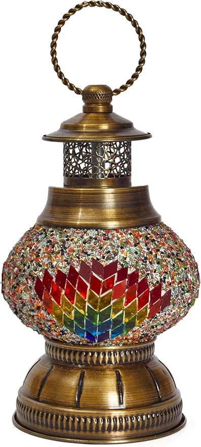 Portable Turkish Mosaic Lamp – Handmade Tiffany-Style Glass Light with Bronze Base and LED Bulb – Battery Powered Bedside Decor Lamp (Leaf Pattern) – Globe Size 6.5"