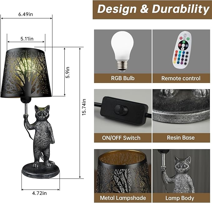 Cat Table Lamps Bedside Table Lamp with 16 Colors,4 Modes Dimmable Nightstand Lamp Desk Lamp for Living Room,Bedroom,Kid's Room,Office