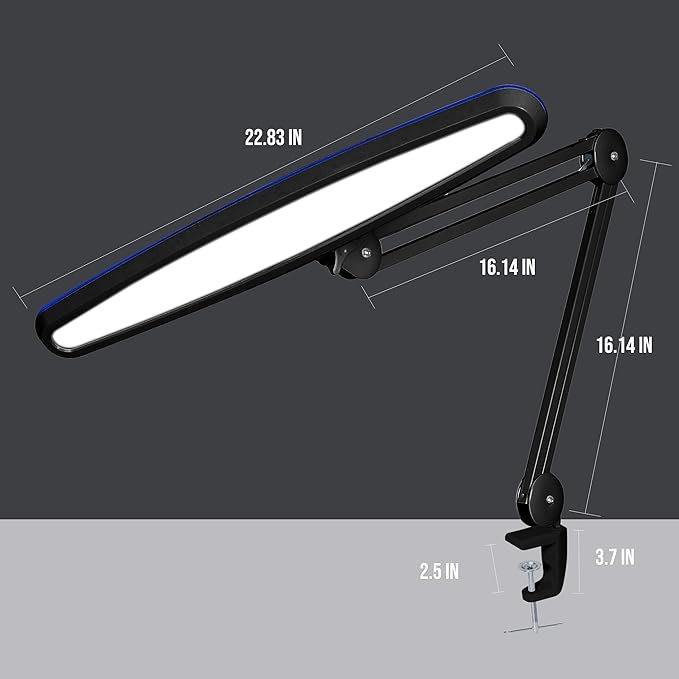 Neatfi XL 2,200 Lumens LED Task Lamp, 20W, 182 SMD LEDs, 23-Inch Ultra-Wide, 4 Brightness Levels, 3 Light Modes, Dimmable, Eye-Caring, Glare-Free (CCT with Clamp, Black)