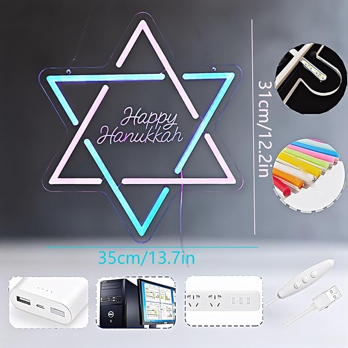 Hanukkah Neon Sign, David Star Pink Blue Gradient LED Light with 'Happy Hanukkah' Lettering, Indoor Holiday Decoration for Home Party