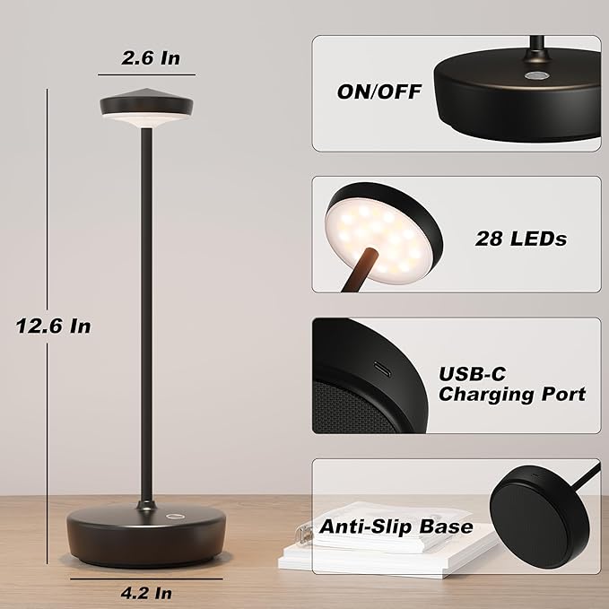 Cordless Table Lamp Rechargeable 2Pack - LED Battery Table Light with 3 Color Temperatures, Stepless Dimming, Waterproof Aluminum for Indoor Outdoor, Patio, Restaurant, Dinner (Black)