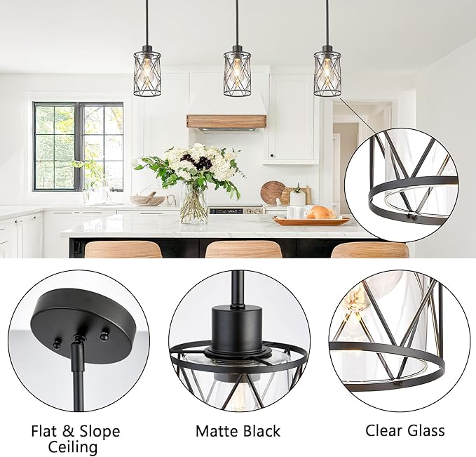 Refice Glass Pendant Lights Kitchen Island, Black Kitchen Hanging Light with Clear Glass, Farmhouse Cage Mini Pendant Lighting for Sink Dining Room Bedroom Bar, 1 Pack