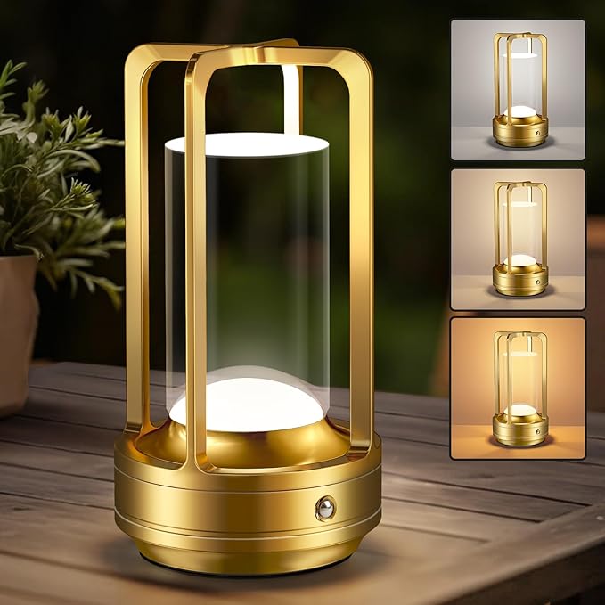 Rechargeable Table Lamp for Outdoor Indoor: Cordless Portable Table Lamps with 3 Color Stepless Dimmable - LED Metal Battery Operated Lantern - Small Table Lamp for Bedroom/Bar/Coffee Shop/Camping