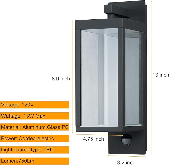 Motion Sensor Outdoor Wall Lantern 2 Pack Black Modern LED Exterior Light Fixture with Clear Glass for House Garage IP54 Waterproof 750LM