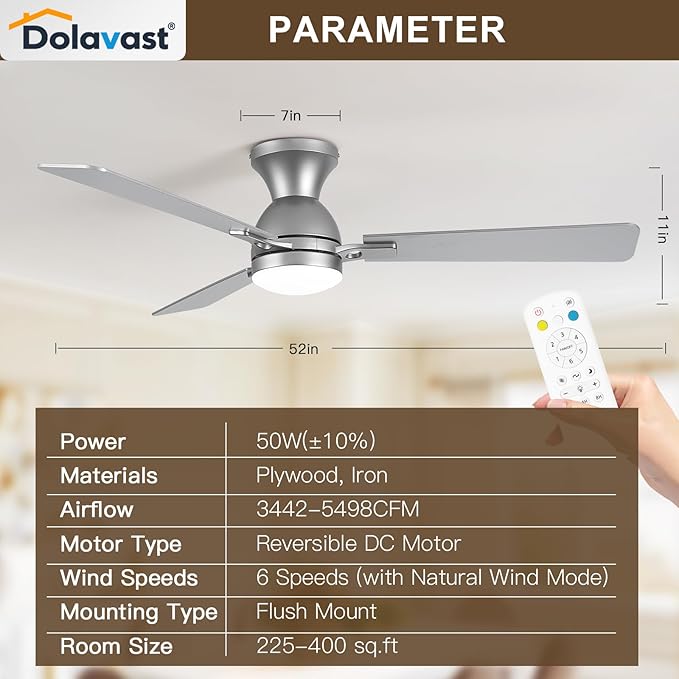 Ceiling Fans with Lights and Remote, 52 Inch Ceiling Fan with Light, Low Profile Reversible Ceiling Fans, Dimmable LED, Flush Mount, Quiet, DC Motor, Nickel Ceiling Fan for Bedroom, Kitchen