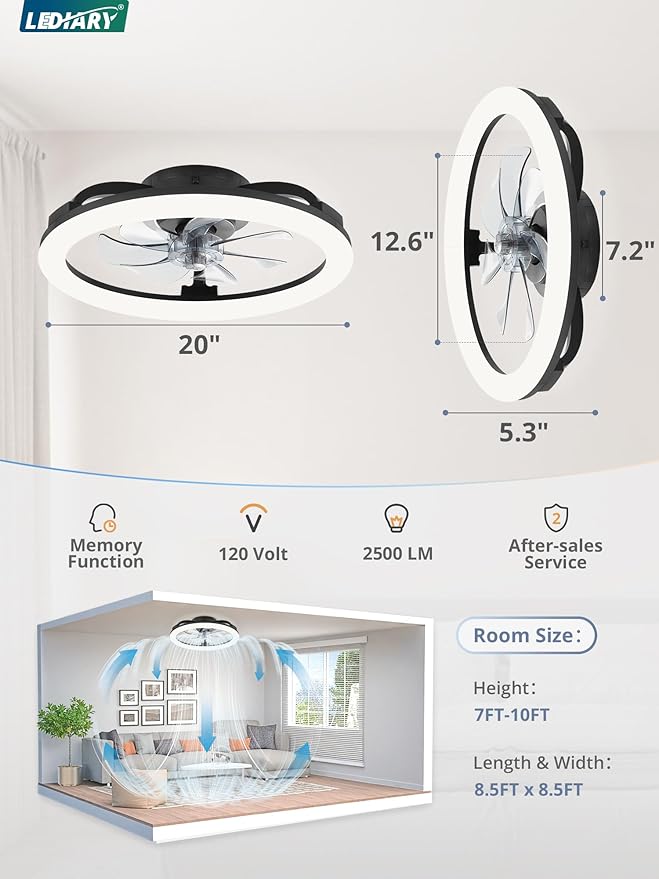LEDIARY 20 Inch Low Profile Ceiling Fans with Lights and Remote, Dimmable Modern Fan Light(3000K-6000K), 6 Speed, Reversible, APP & Remote Control, Flush Mount Ceiling Fan for Bedroom, Black