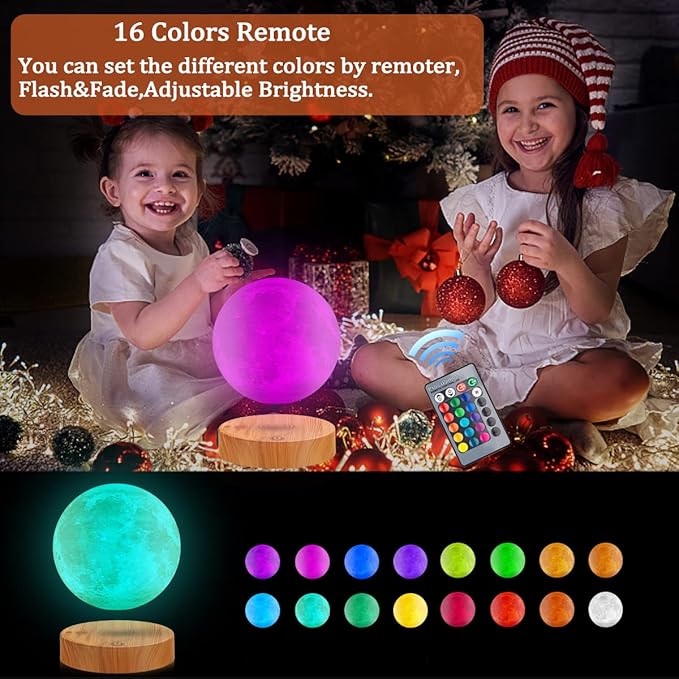 Levitating Moon Lamp, Floating 3D Moon Light Spinning 16 Colors LED Moon Magnetic Levitation Night Lights with Remote for Room Office Decoration Cool Gifts