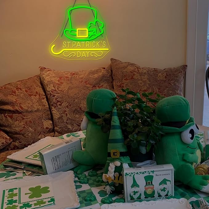 Horseneon St Patricks Day Neon Sign Shamrock Neon Light LED Signs St Patricks Day Decorations Dimmable Green Gold Colors for Wall Art Bedroom Living Room Home Bar Decor
