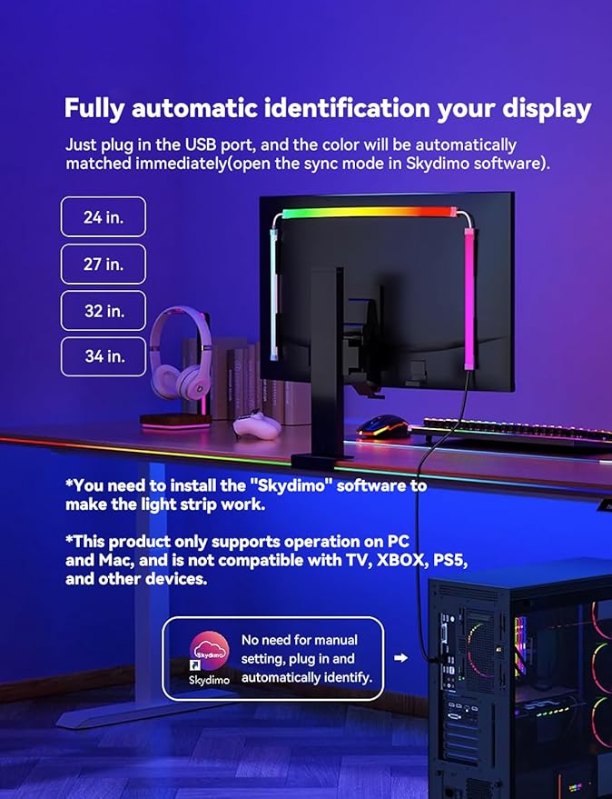 Monitor LED Backlights for PC & Mac, LED Strip Light Sync with Screen Color/Music, Computer Light Bar Behind Screen, LEDs for Desk Gaming, USB Port, Software Control, G100 (4-Side 34inch)