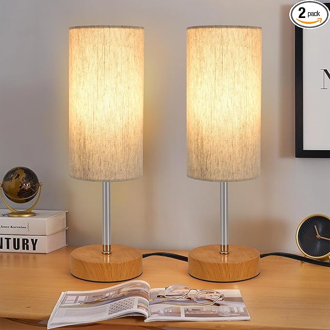 2 Pack Small Table Lamps, Bedside Lamps for Nightstand with Wire Switch, Modern Minimalist Desk Lamp with Linen Fabric Shade for Dorm Kids Room Living Room Office Bedroom, Bulb Included