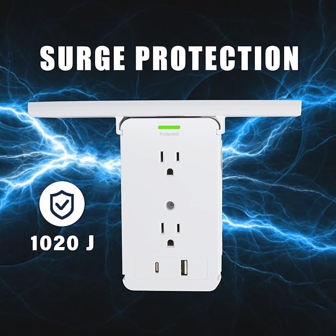 Wall Outlet Extender-2 Pack Surge Protector Wall Plug with USB A+C Ports (3.4A Total), 8 AC Outlets, Removable Outlet Shelf and Type-C Cable Included, Compatible with GFCI,1020J