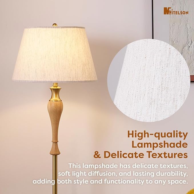 Natural Wood Floor Lamp with Linen Shade, Dimmable Standing Lamp for Living Room Bedroom Office, Mid Century Modern Tall Lamp with Stepless Dimmer Switch and Bulb