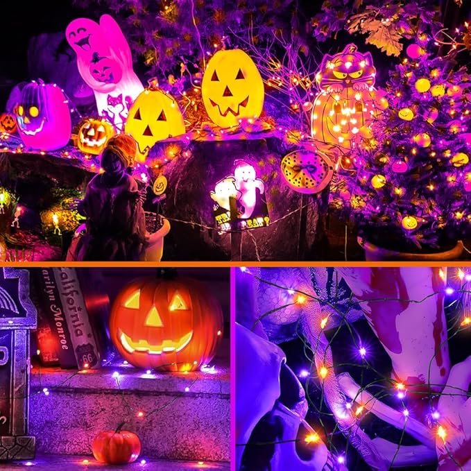 KOUQIYA Halloween Fairy Lights 2 Pack, 16.4ft 50 LEDs Battery Starry Light with Timer 8 Modes Waterproof Mini Lights for Outdoor Indoor Garden Party Decor (Orange Purple, 50 LEDs x 2 Pack)