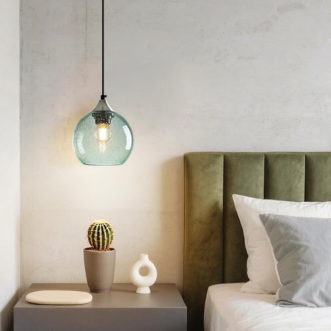 Light Green Glass Pendant Lights Kitchen Island Globe Pendant Light Fixtures Modern Pendant Lighting for Bedroom Living Dining Room Light Fixture (5.9 in, 1 Pack)