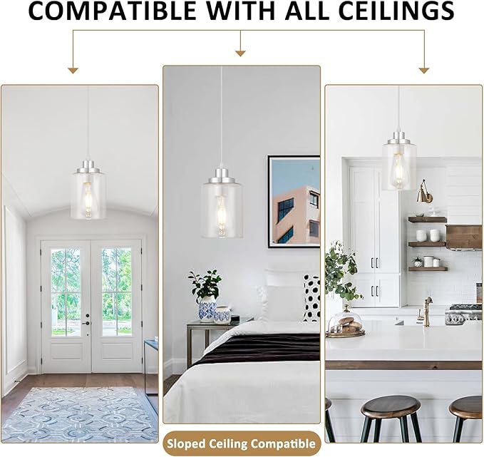 Industrial Pendant Lighting, Modern Clear Glass Shade Pendant Lights, Adjustable Hanging Light Fixtures, Farmhouse Pendant Lighting for Kitchen Island Living Room Bedroom Hallway 3-Pack