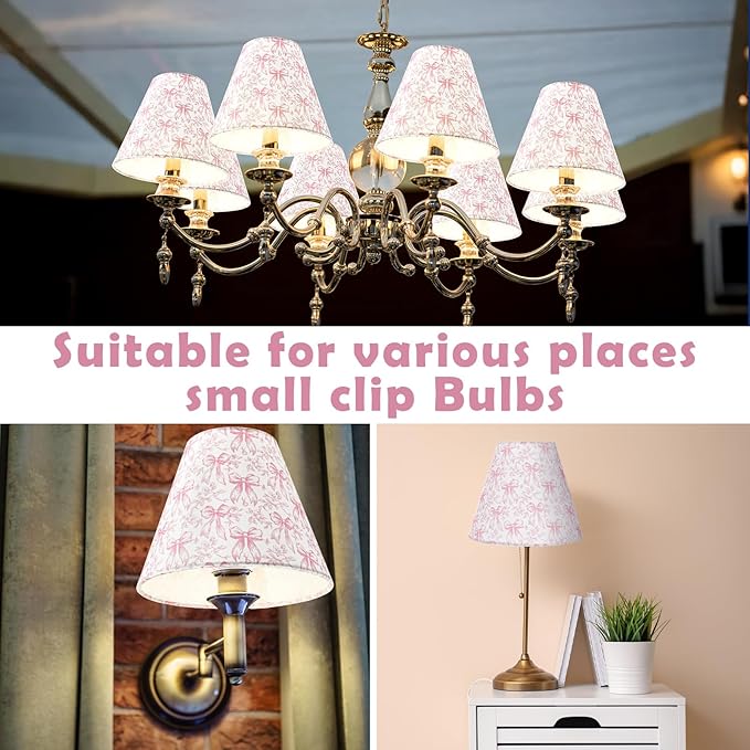 VIHOSE 6 Pcs Chandelier Lamp Shades Small Lamp Shade 3" Top x 6" Bottom x 5" Slant Vintage Coquette Pink Bow Toile Chinoiserie Clip on Lampshade for Wall Sconces Pendant Lighting