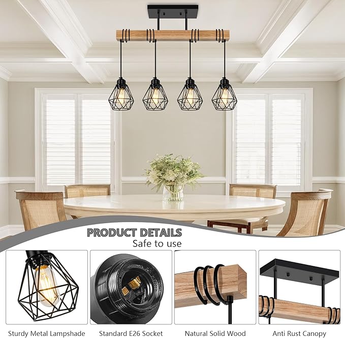 4-Lights Farmhouse Wood Kitchen Island Lighting, 23.6'' Dining Room Light Fixtures Chandelier Over Table, Rustic Black Cage Pendant Lights Ceiling Hanging for Pool Table, Living Room, Hallway