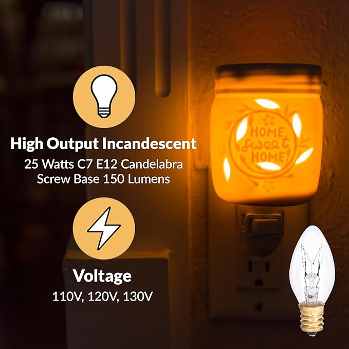 Simba Lighting C7 25W Replacement Bulb (6 Pack) for Himalayan Salt Rock and Basket, Plug in Aromatic Wax Warmer, Night Light, Clear Candle Shape, 120V, E12 Candelabra Base, Dimmable, 2700K Warm White