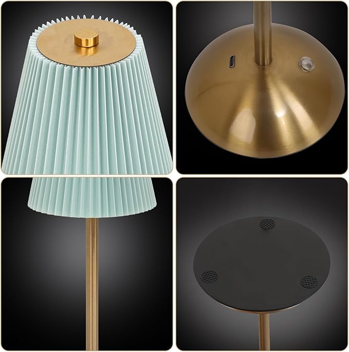 Cordless LED Blue Table Lamp with Dimmer, Built-in Rechargeable Battery, 3-Level Brightness, Patio Table Lamp, Bedside Night Lamp, Ambient Light for Restaurant, Antique Brass (Baby Blue)