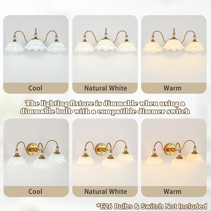 Vintage Bathroom Vanity Light, 3-Light Matte Brass Finish Vanity Light with Floral White Glass Shades, Retro Wall Sconce for Bathroom, Dressing Table