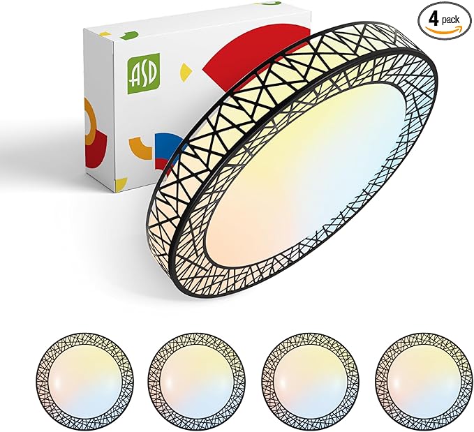 ASD 18 Inch LED Flush Mount Ceiling Light Fixture for Bedroom, 35W 1992LM 5CCT 2700K-5000K, Triac Dimmable Lights, Dining, Living Room, Kitchen Lamps, Modern Home Lighting Fixtures, Black, ETL, 4 Pack