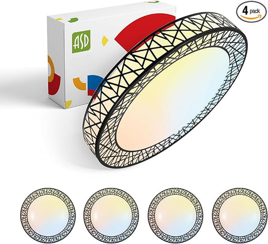 ASD 18 Inch LED Flush Mount Ceiling Light Fixture for Bedroom, 35W 1992LM 5CCT 2700K-5000K, Triac Dimmable Lights, Dining, Living Room, Kitchen Lamps, Modern Home Lighting Fixtures, Black, ETL, 4 Pack