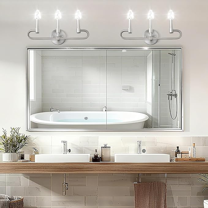 Farmhouse and Modern Bathroom Lighting Fixtures Over Mirror, 3 Light Brushed Nickel Bathroom Vanity Lights, Crystal Bathrooms Wall Sconces(Includes Bulb)