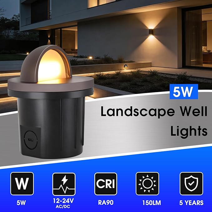 Energetic Low Voltage Well Lights-5W LED In-Ground Lights, 5CCT Landscape Lighting, IP67, RA90, 4 Pack