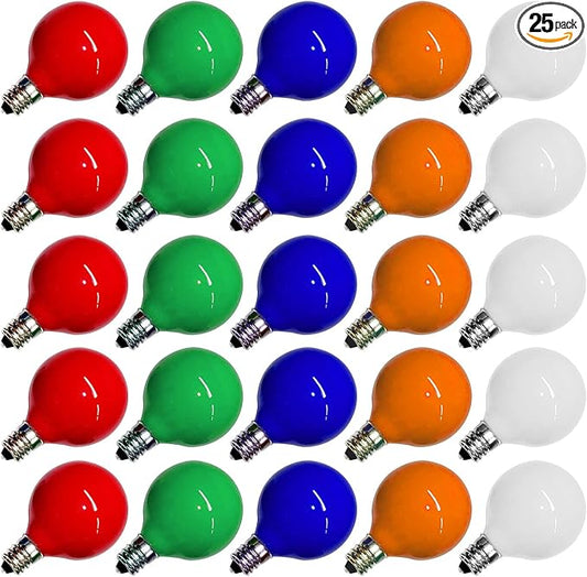 G40 Multicolor Christmas Replacement Light Bulbs, 25 Pack Round Colorful Christmas Bulbs, 1.57 Inch Globe Christmas Light Bulbs, E12/C7 Candelabra Base Light Bulb for Indoor Outdoor Decor- 5 Watt