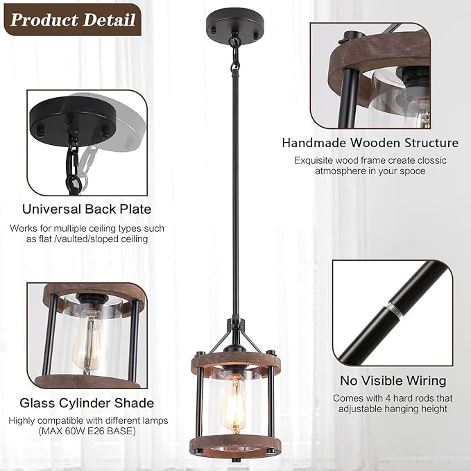 SGLfarmty Farmhouse Pendent Lights for Kitchen Island, Rustic Black and Wood Light Fixtures with Glass, Blown Pendant Lamps Over Table, Vintage Chain Hanging Light for Dining Room, Sink, Bar, 1 Pack