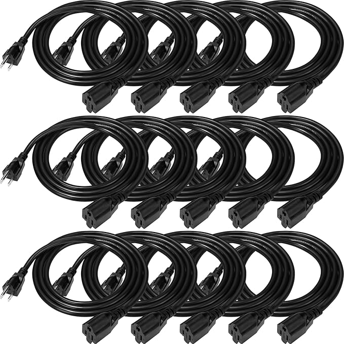 Kanayu 15 Pack 6 ft Outdoor Extension Cord Heavy Duty Black Extension Cord with 3 Prong 16 AWG SJW Heavy Duty Power Cable Weather Resistant