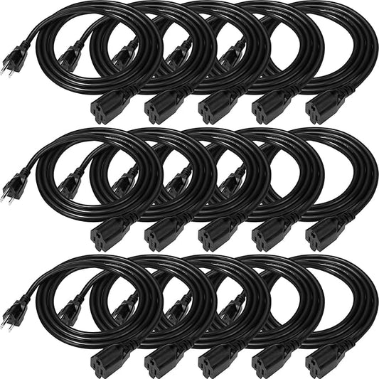 Kanayu 15 Pack 6 ft Outdoor Extension Cord Heavy Duty Black Extension Cord with 3 Prong 16 AWG SJW Heavy Duty Power Cable Weather Resistant