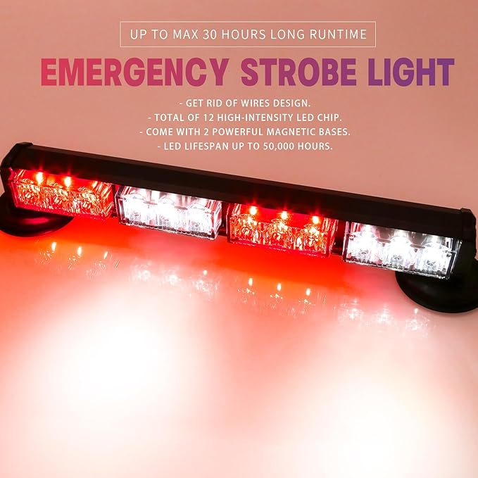 BooYu 14.8" Red/White Battery Powered Police Firefighter Emergency Strobe Lights Bar for Trucks/Vehicles Rechargeable Wireless Rooftop Mini Hazard Flashing LED Beacon Warning Light w/Magnetic Base